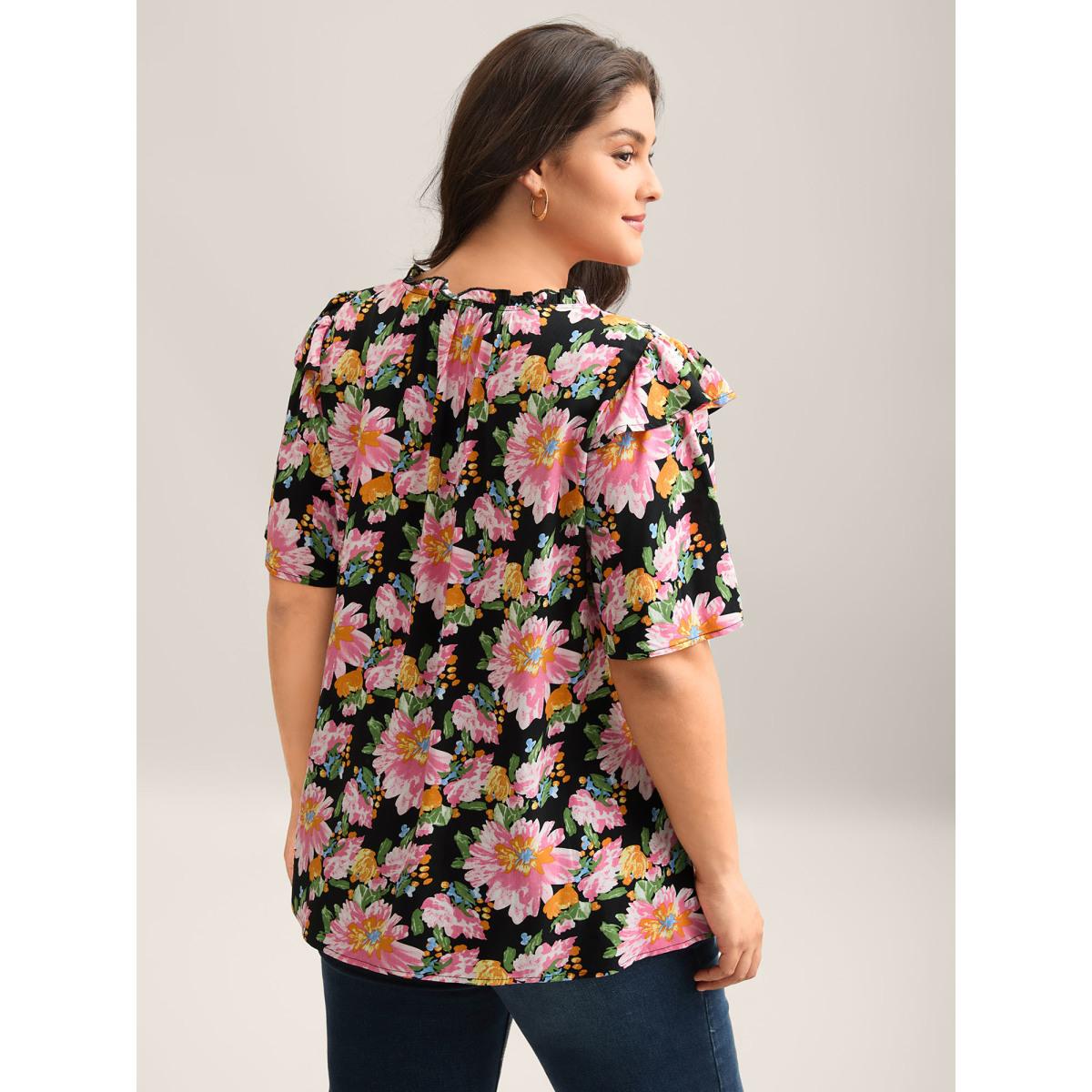 Plus Size Multicolor Large Flower Print Layered Sleeve Shirt Women Short sleeve Notched collar Elegant Blouses BloomChic 26/4X Product Image