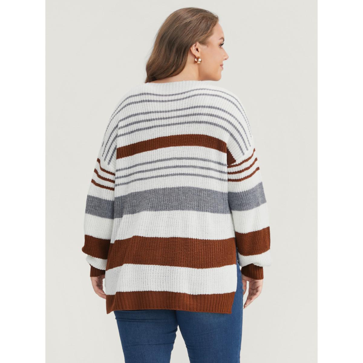 Plus Size Striped Contrast Pointelle Knit Split Hem Knit Top Multicolor Women Casual Loose Long Sleeve V-neck Dailywear Pullovers BloomChic 14-16/1X Product Image