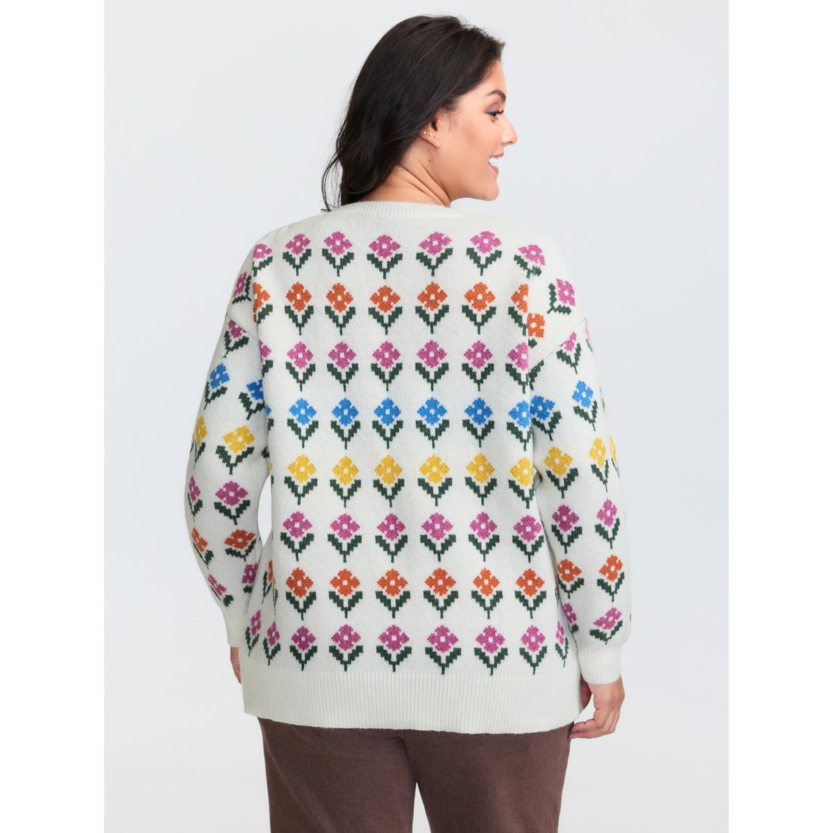 Plus Size Multicolor Jacquard Pattern Pullover Ivory Women Playful Loose Long Sleeve Round Neck Casual Pullovers BloomChic 12/L Product Image