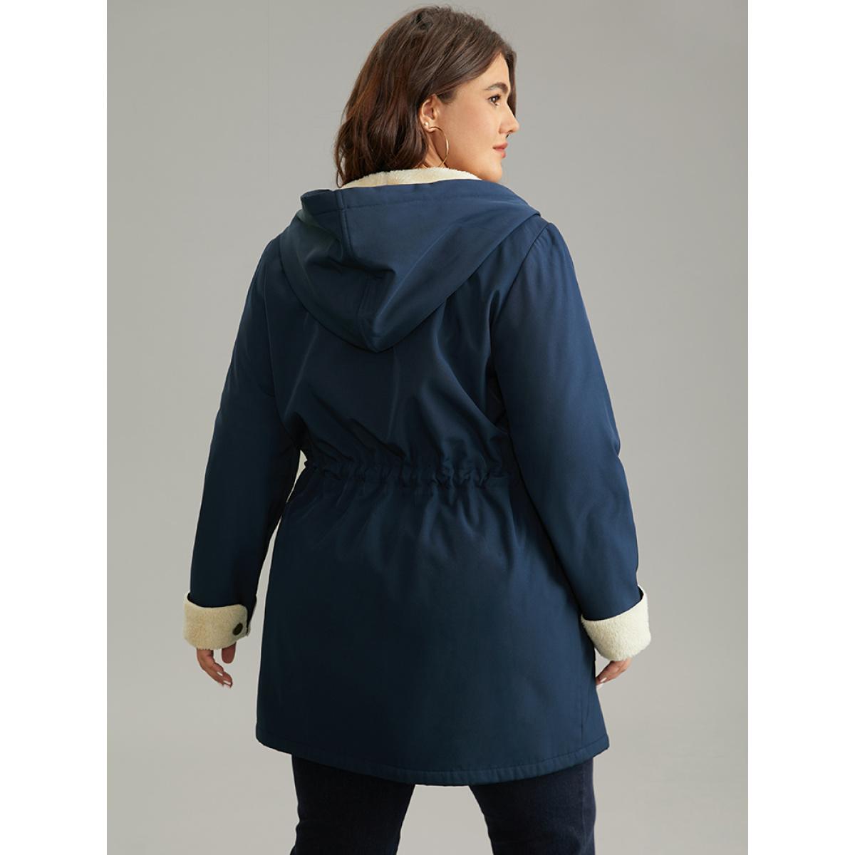 Plus Size Fuzzy Trim Drawstring Button Through Coat Women Indigo Casual Lined Ladies Dailywear Winter Coats BloomChic 10/M Product Image