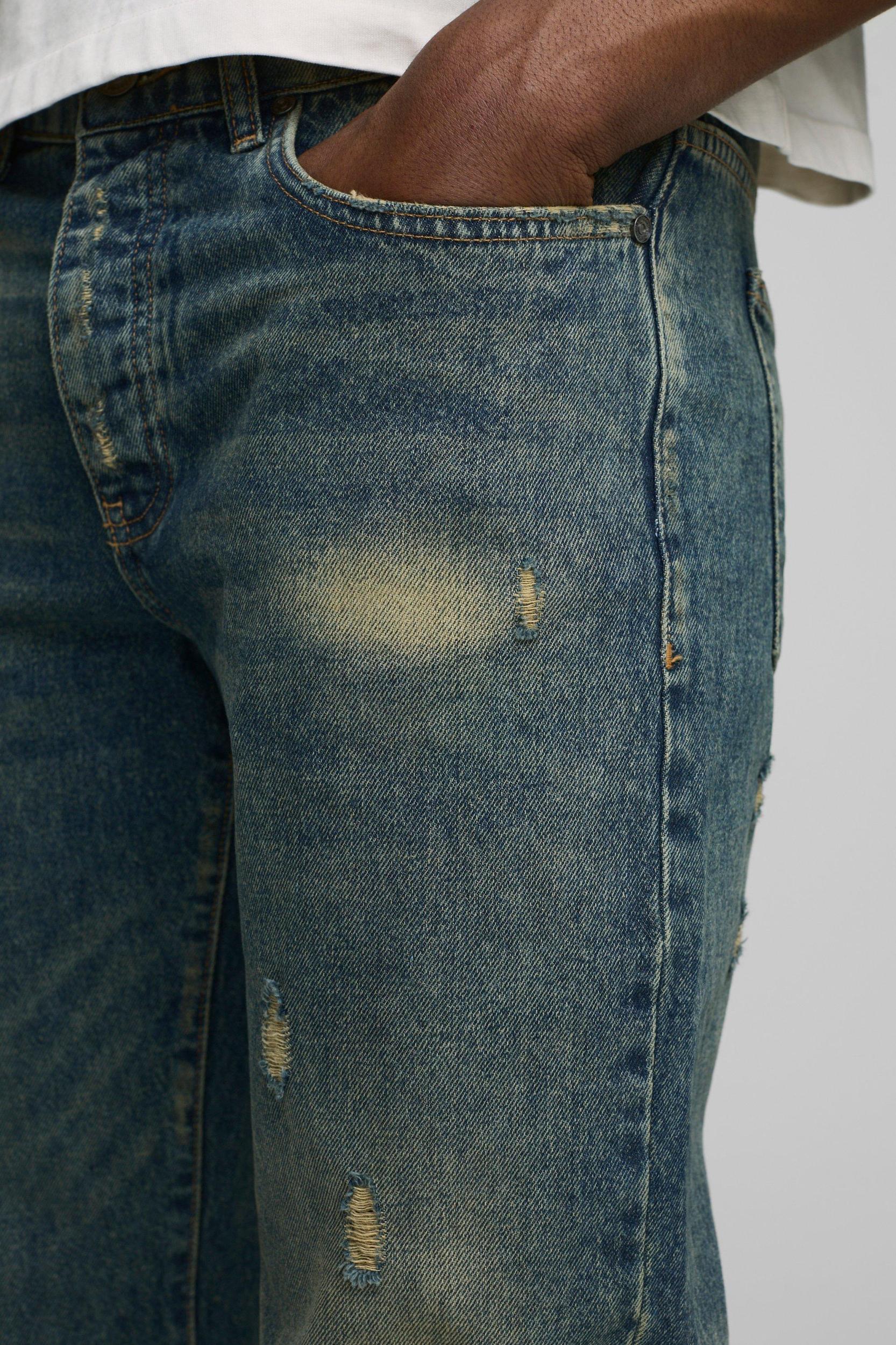 Straight Fit Distressed Ripped Vintage Blue Jeans | boohooMAN USA Product Image