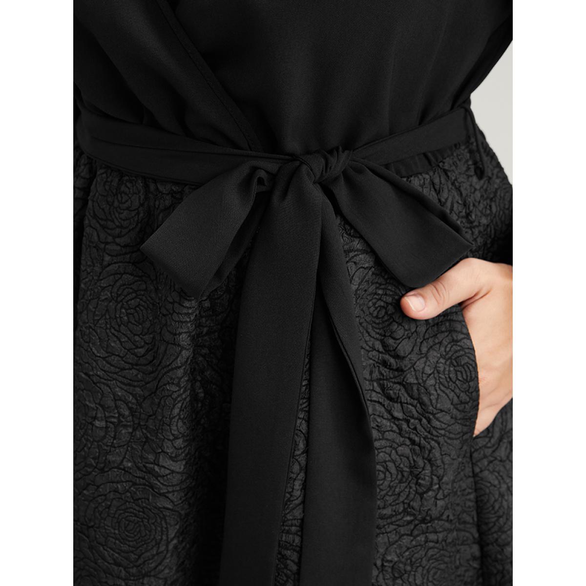 Plus Size Solid Patchwork Wrap Pocket Belted Rose Textured Dress Black Women Office Patchwork V-neck Long Sleeve Curvy Knee Dress BloomChic 30/6X Product Image