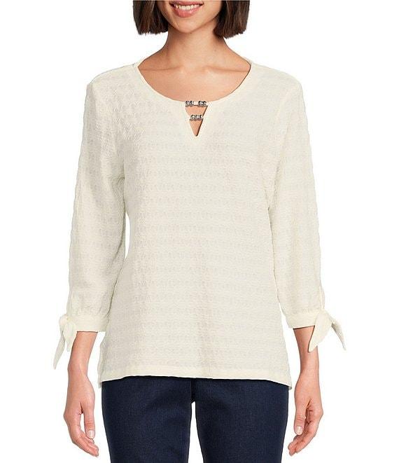 Allison Daley Petite Size 3/4 Tie Sleeve Keyhole Neck Wave Knit Top Product Image
