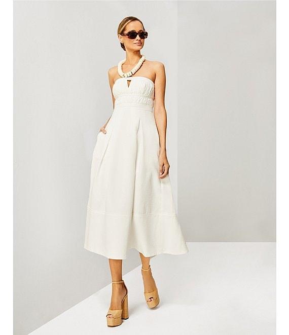 Le' AL.X Woven Ruched Straight Keyhole Neck Spaghetti Strap A-Line Midi Dress Product Image