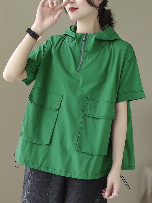 Loose Short Sleeves Zipper Hooded T-Shirts Tops Product Image