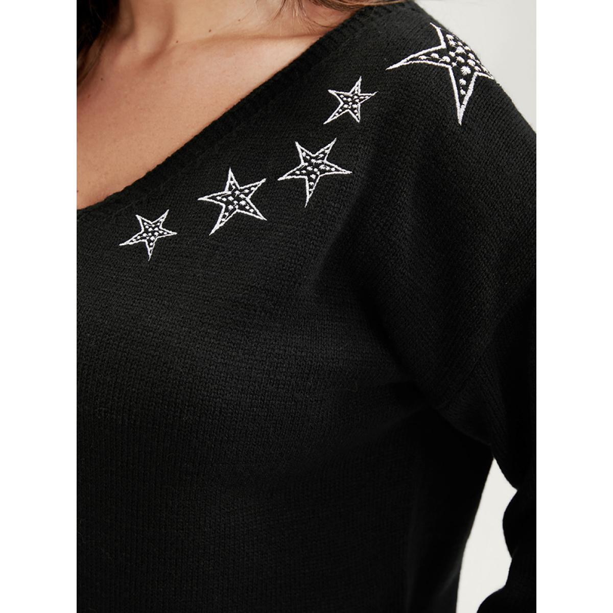 Plus Size Star Embroidered Pointelle Knit V Neck Knit Top Black Women Casual Long Sleeve V-neck Dailywear Pullovers BloomChic 18-20/2X Product Image