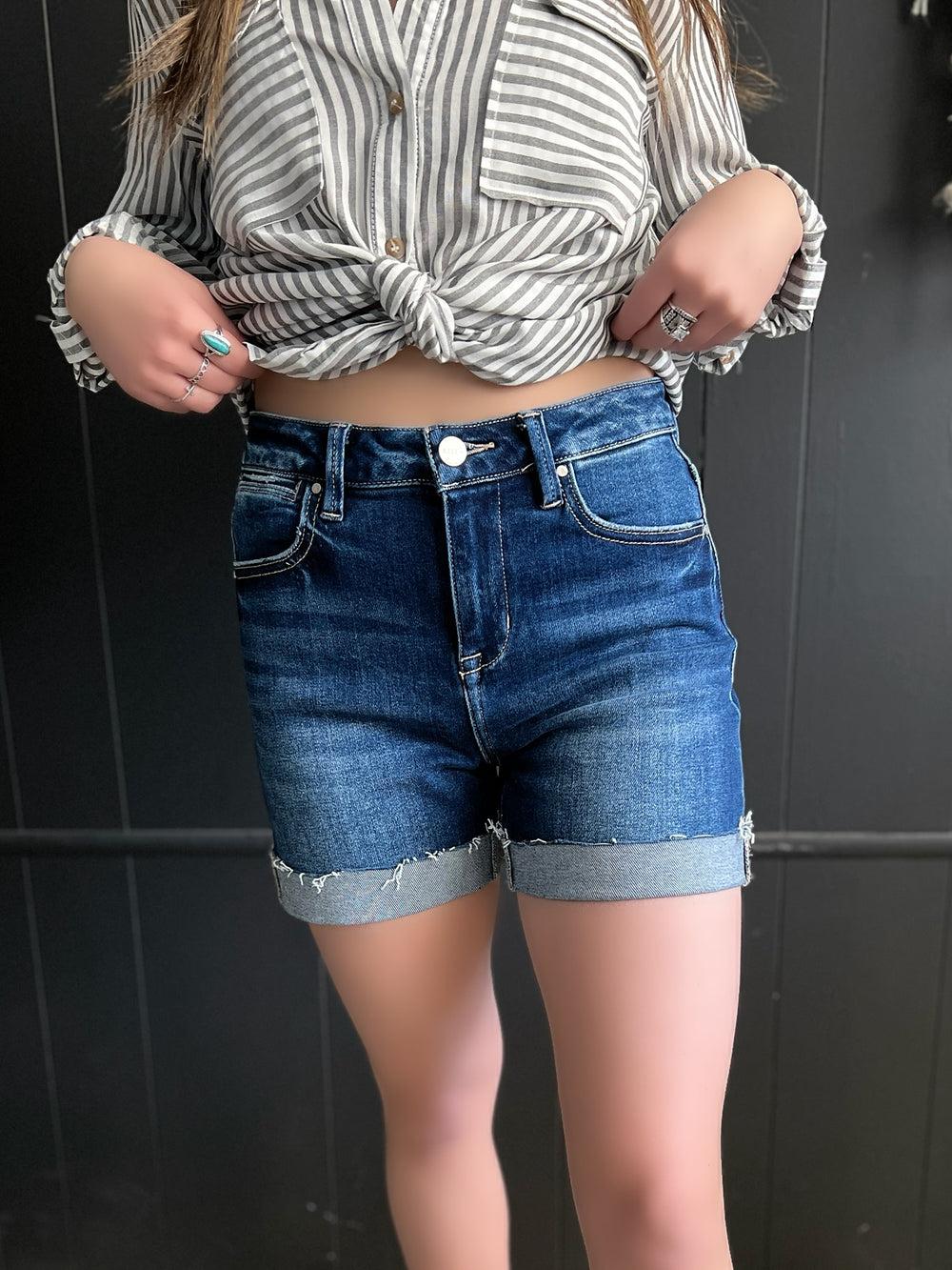 Risen Dark Wash High Rise Cuffed Denim Shorts Product Image