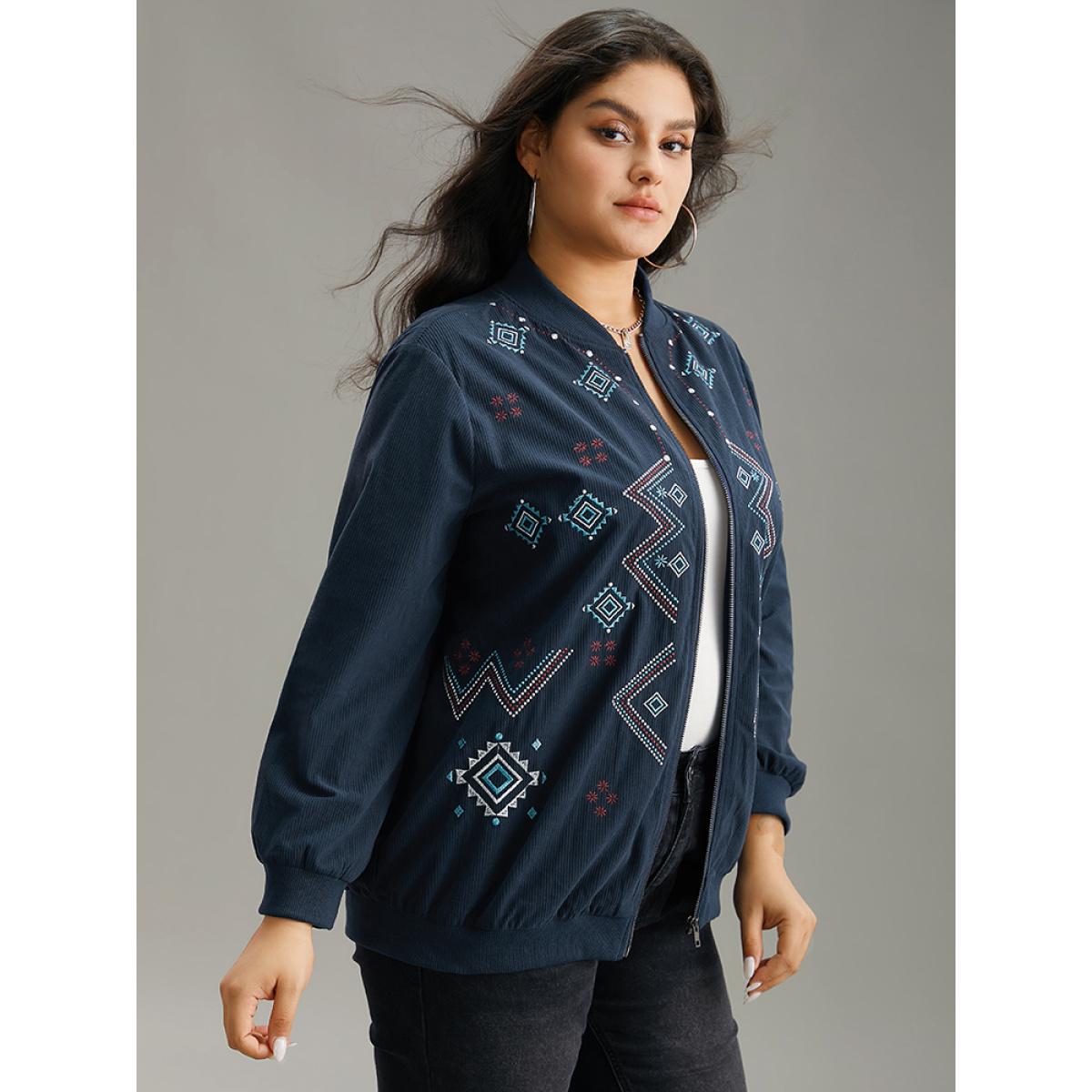 Plus Size Corduroy Geo Embroidered Zipper Fly Jacket Women Indigo Elastic cuffs Dailywear Jackets BloomChic 22-24/3X Product Image