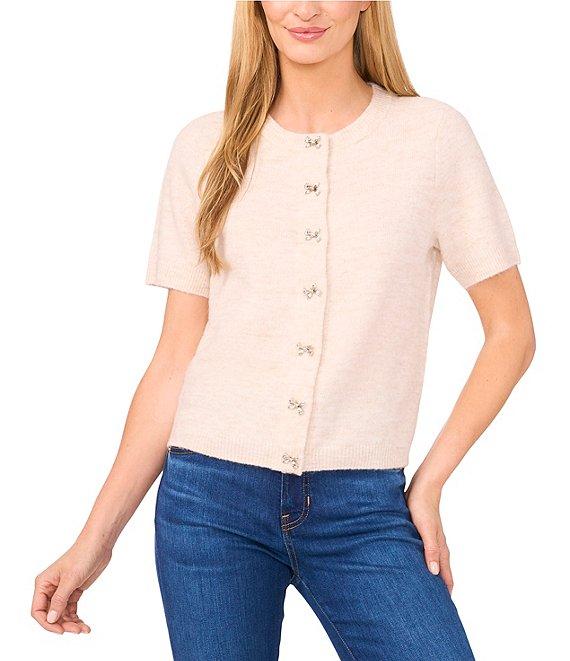 CeCe Knit Round Neck Short Sleeve Bow Top Product Image