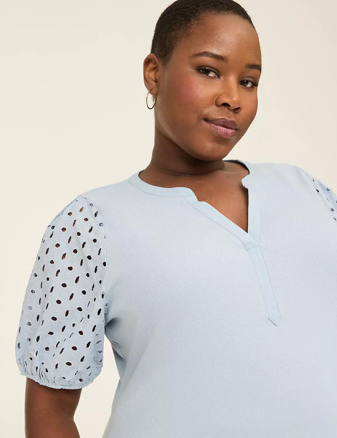 Eyelet-Sleeve Notch-Neck Rib Top Product Image