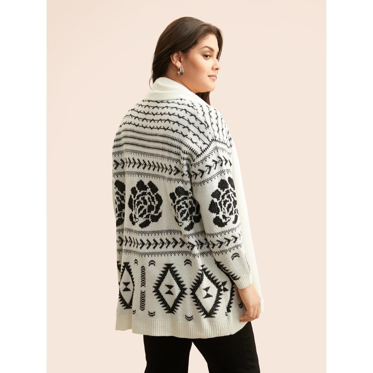 Plus Size Geometric Jacquard Lapel Collar Cardigan Beige Women Casual Loose Long Sleeve Everyday Cardigans BloomChic 22-24/3X Product Image