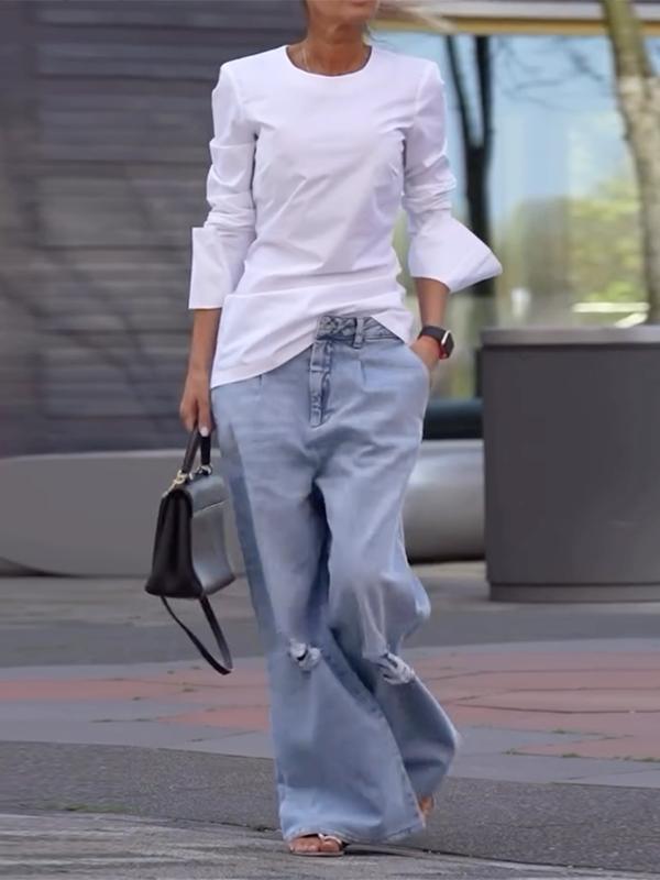 Long Sleeves Loose Solid Color Round-Neck T-Shirts Tops Product Image