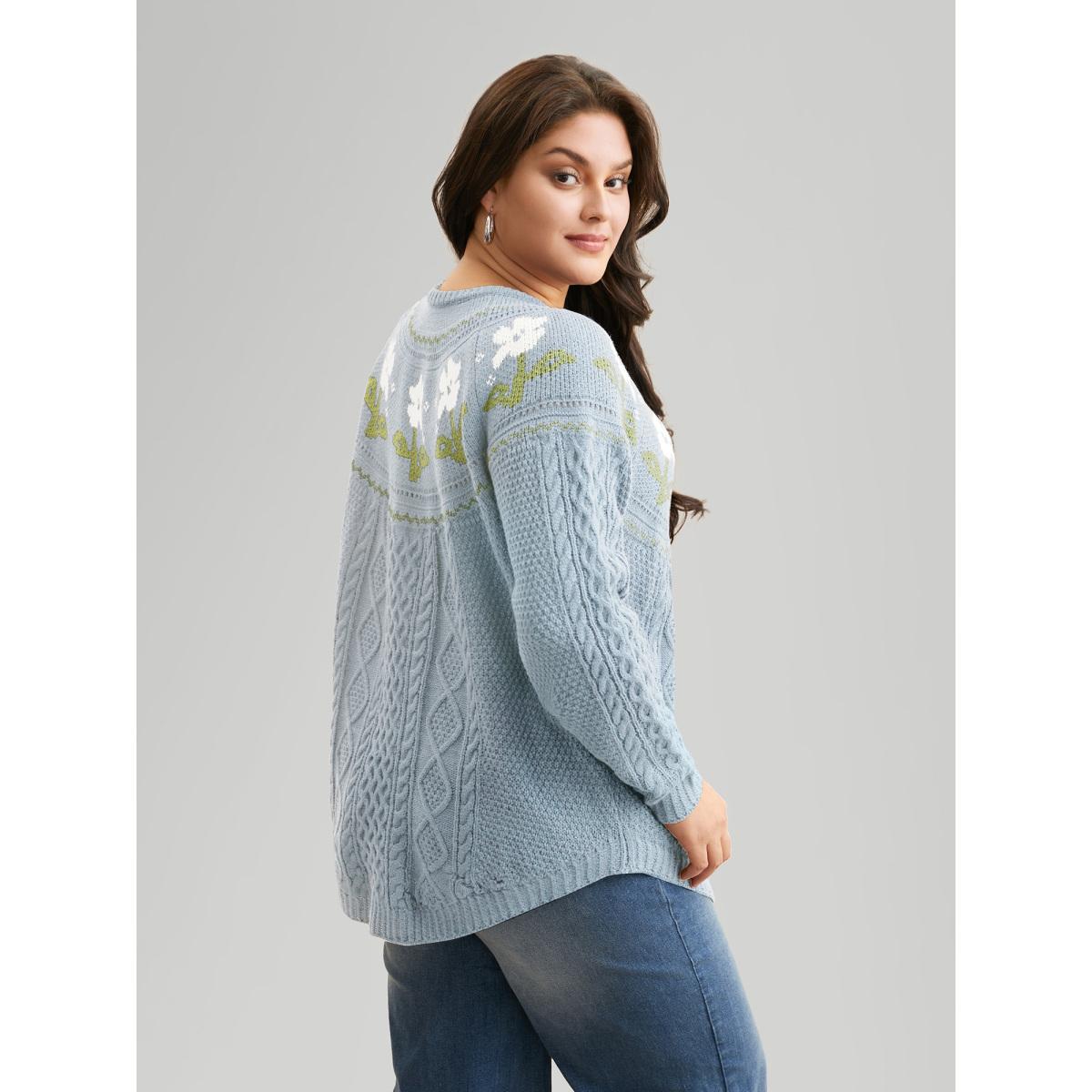 Plus Size Floral Jacquard Raglan Sleeve Pullover LightBlue Women Casual Long Sleeve Round Neck Everyday Pullovers BloomChic 12/L Product Image