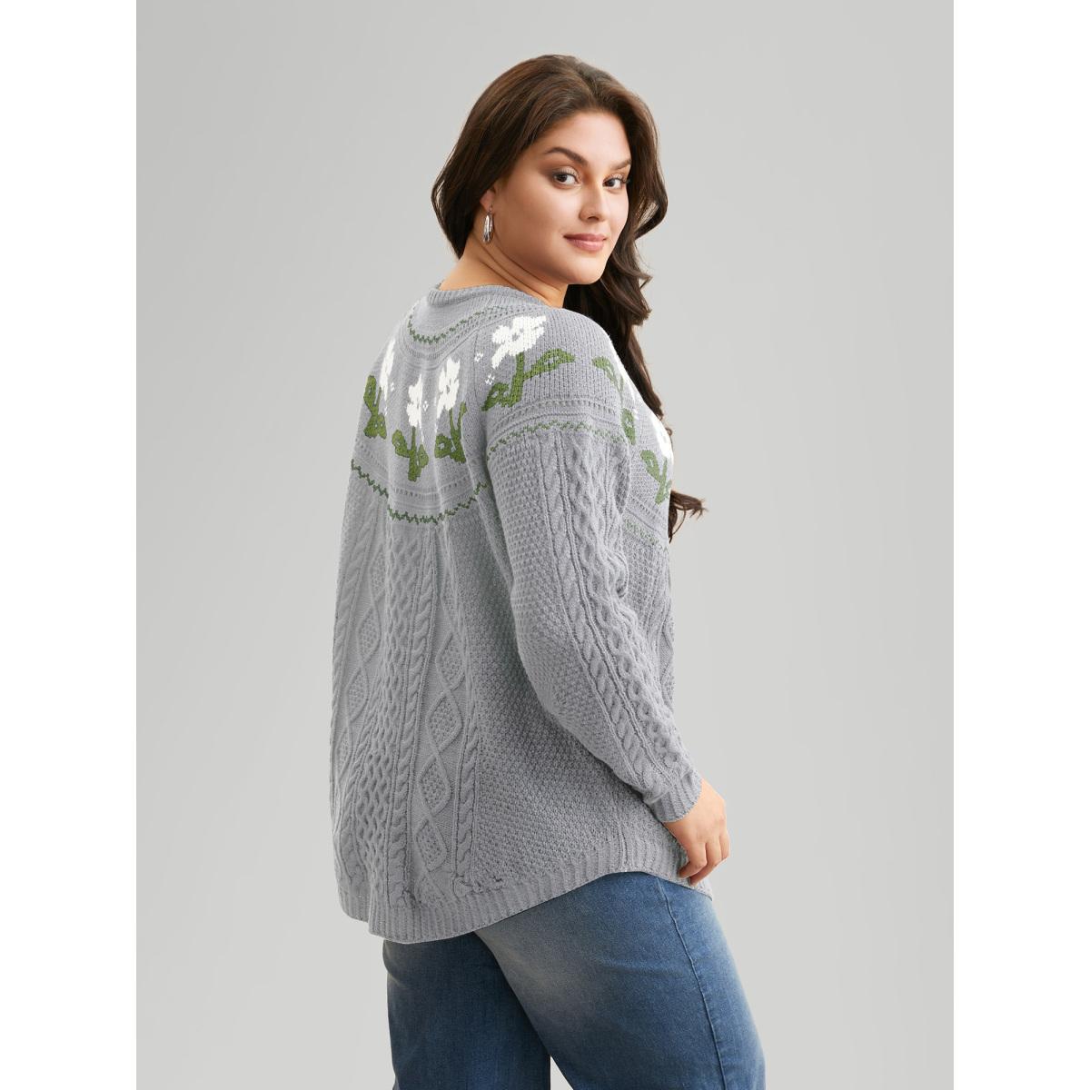 Plus Size Floral Jacquard Raglan Sleeve Pullover LightGray Women Leisure Long Sleeve Round Neck Casual Pullovers BloomChic 28/5X Product Image