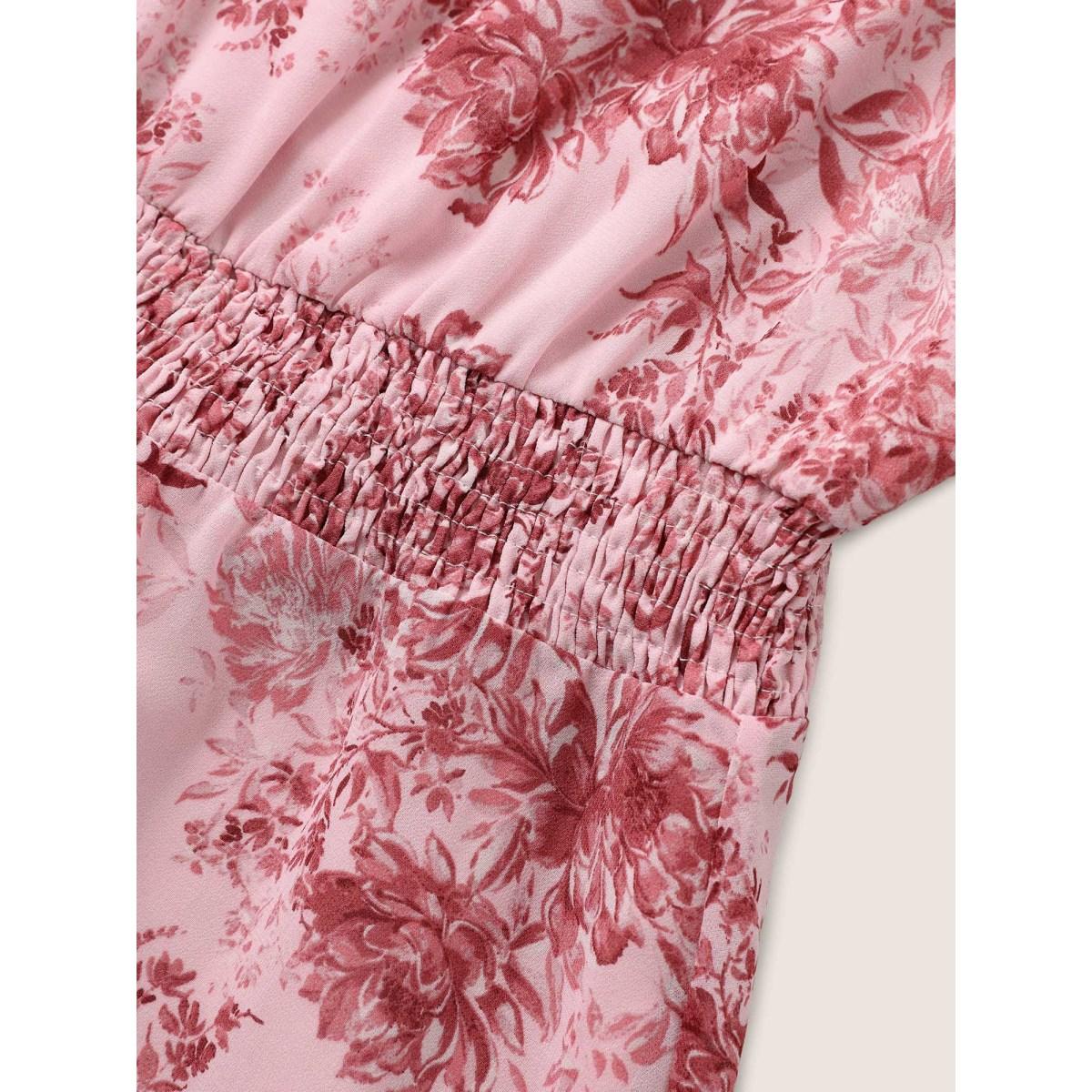 Plus Size DustyPink Chiffon Floral Shirred Elastic Waist Blouse Women Elegant Half Sleeve V-neck Everyday Blouses BloomChic 18-20/2X Product Image