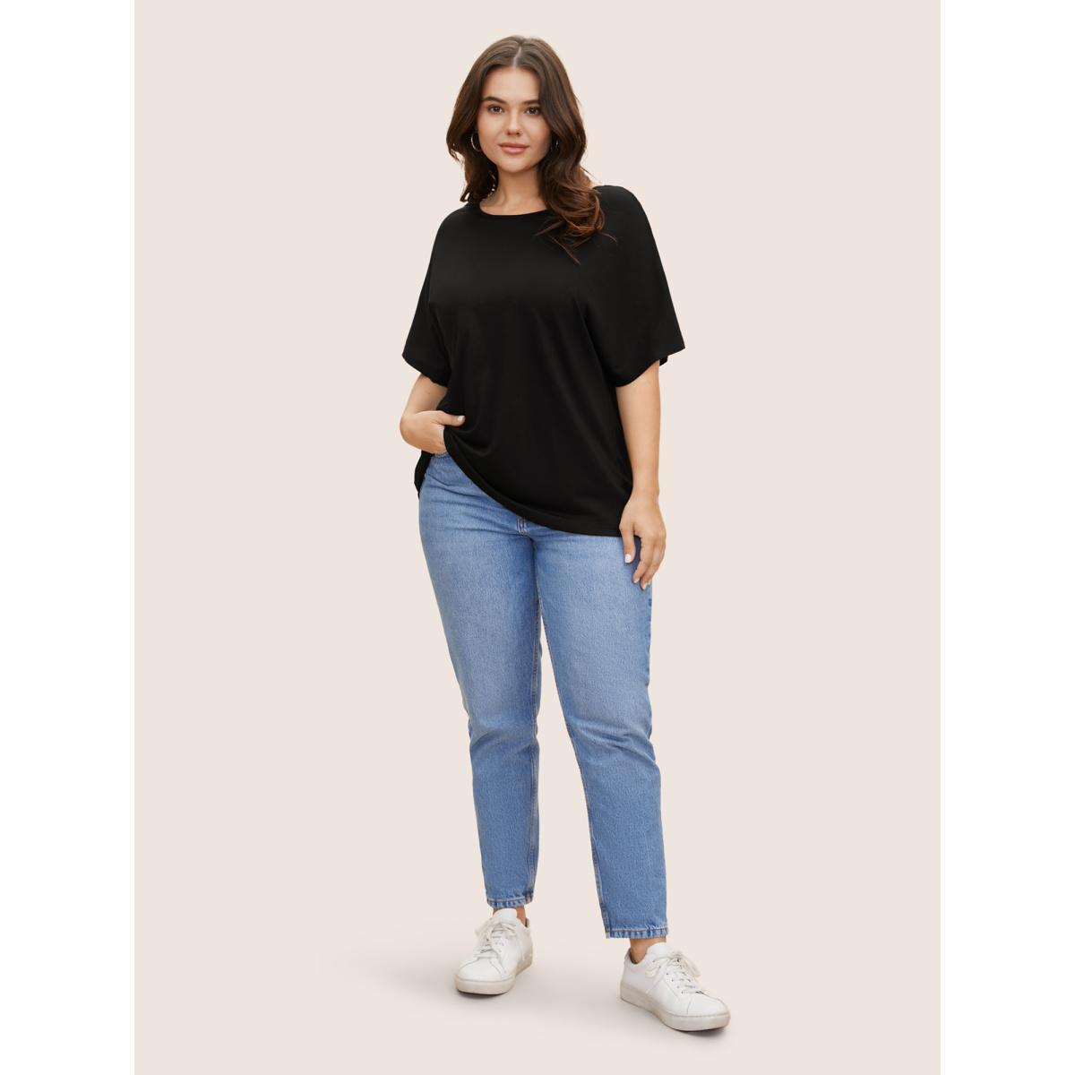 Plus Size Solid Crew Neck Cut Out Patchwork T-shirt Black Women Elegant Patchwork Round Neck Everyday T-shirts BloomChic 12/L Product Image