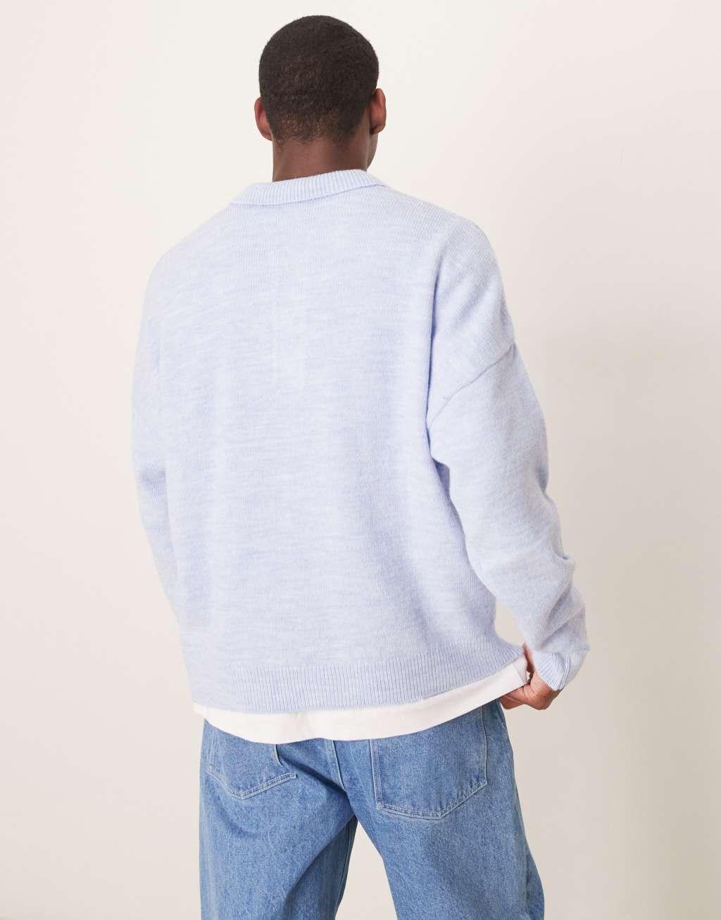 ASOS DESIGN oversized boxy fit knitted polo in light blue Product Image
