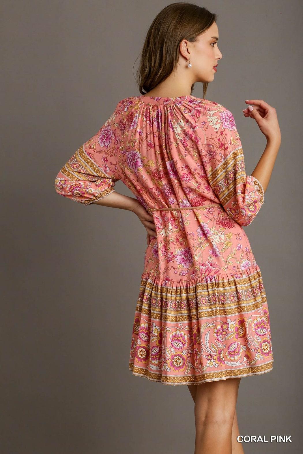 Border Print 3/4 Sleeve Dress Product Image