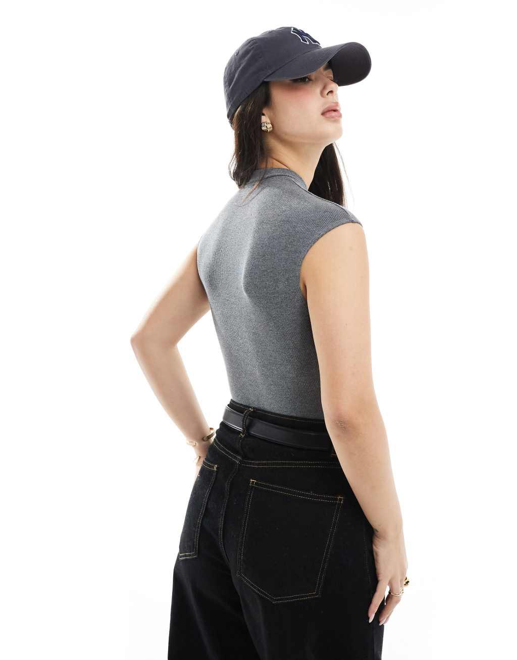 Bershka high neck short sleeve bodysuit in gray Product Image