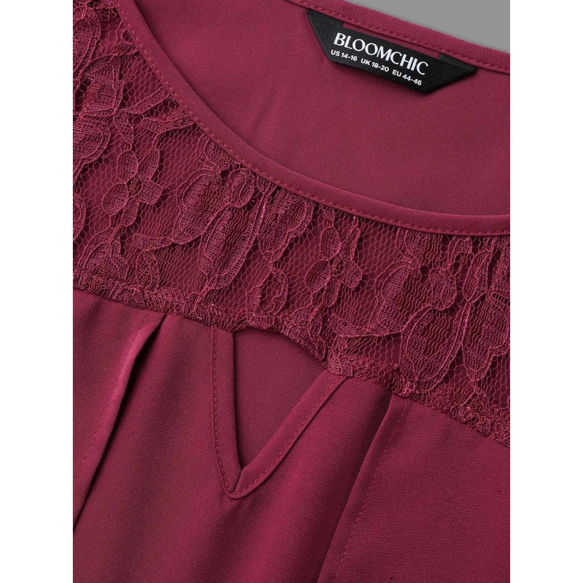 Plus Size RedViolet Sheer Lace Sleeve Neck Cut-Out Shirt Women Elegant Three Quater Length Sleeve Round Neck Everyday Blouses BloomChic 28/5X Product Image