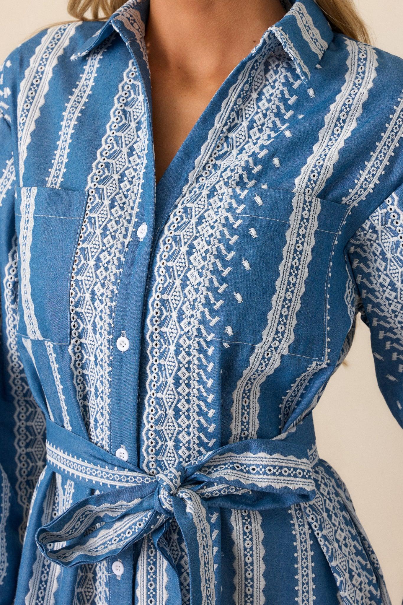 Songs of the Sky Blue Embroidered Midi Shirt Dress Product Image