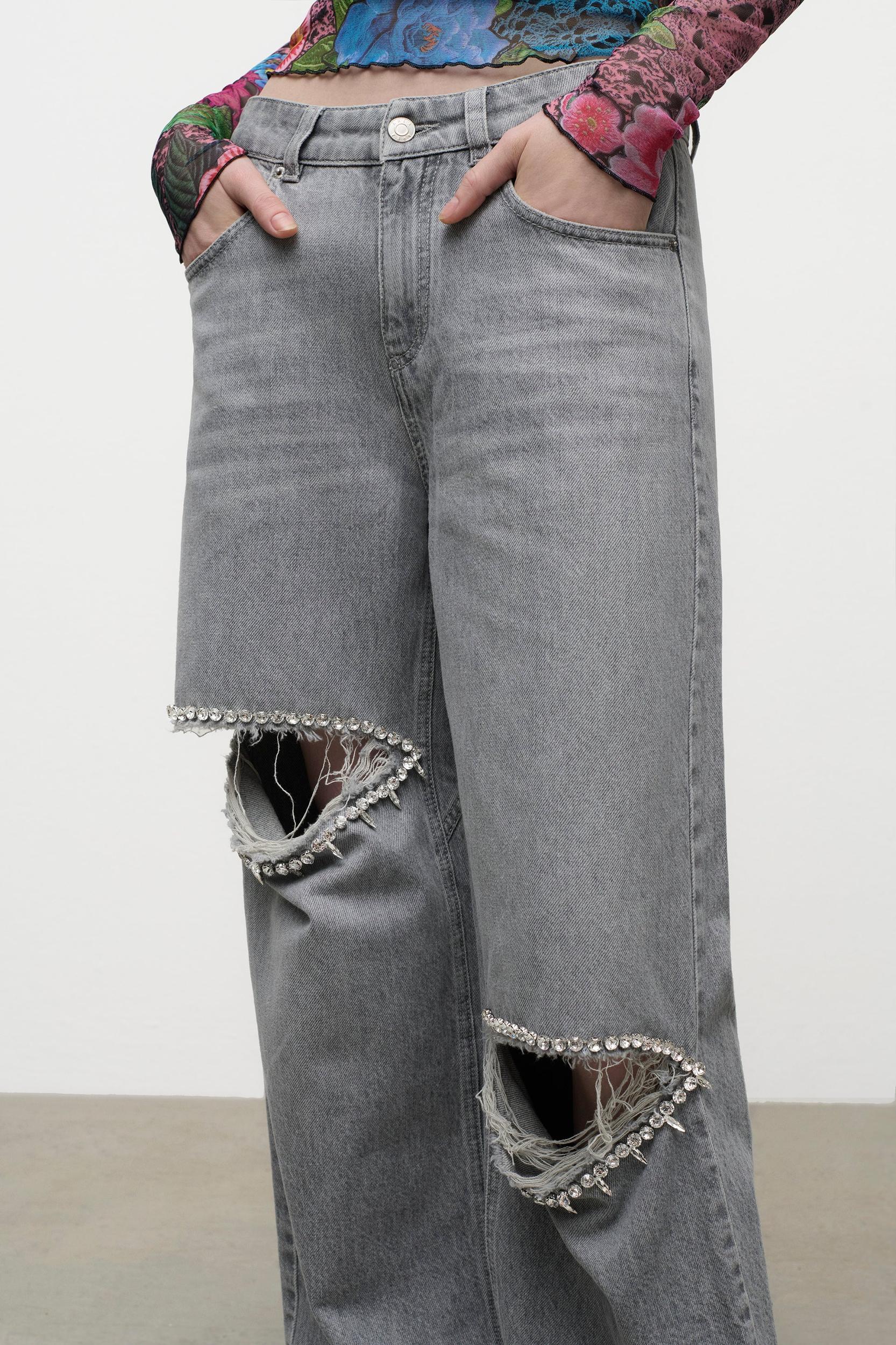 Distressed Crystal Relaxed Slit Jean Product Image