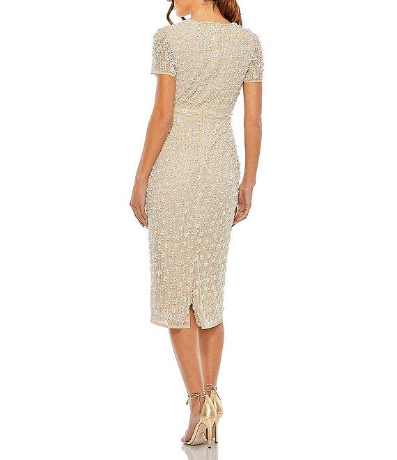 Mac Duggal Round Neck Short Sleeve Embellished Sheath Midi Dress Product Image