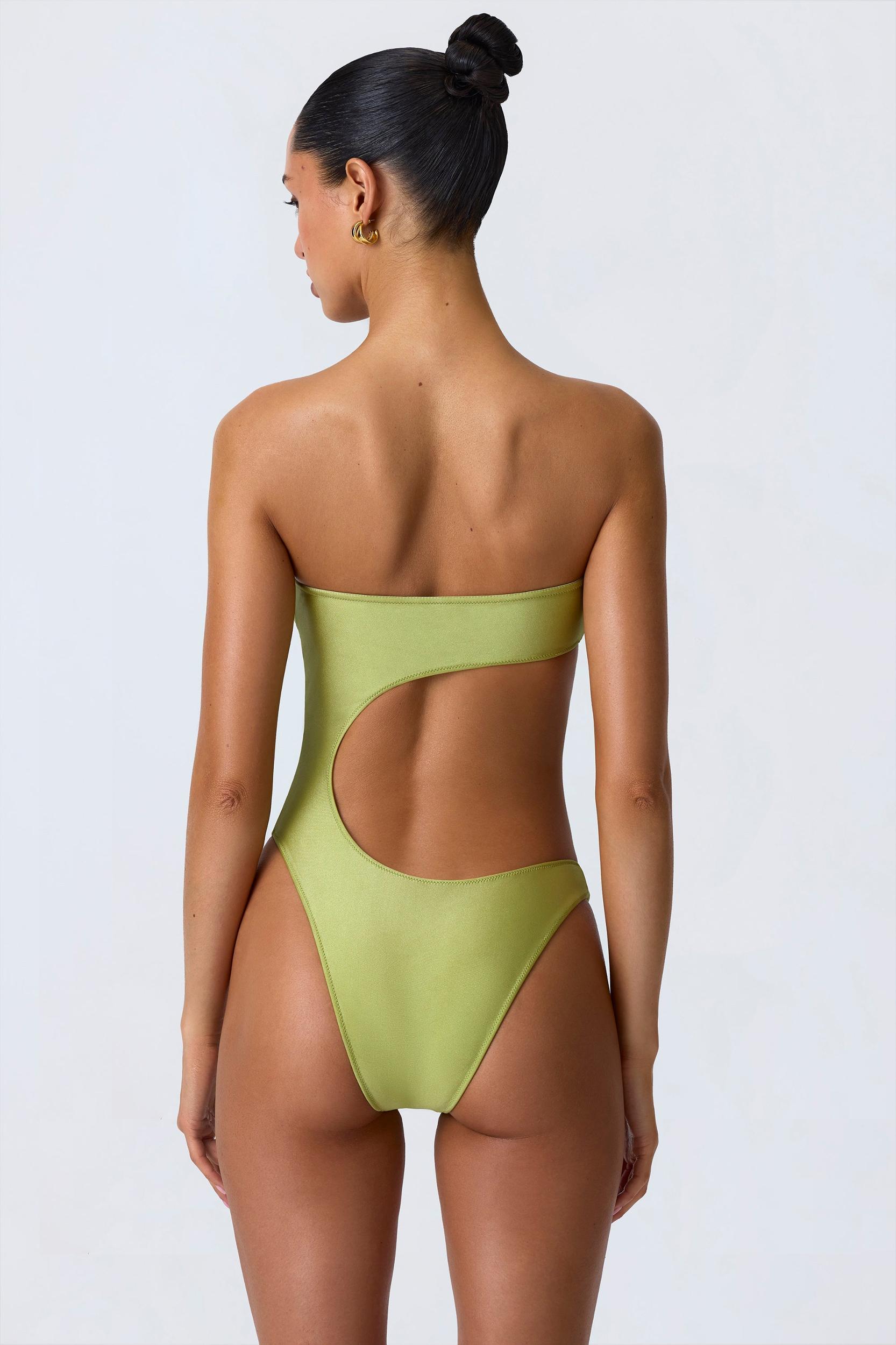 Bead-Embellished Cut-Out Bandeau Swimsuit in Pear Green Product Image
