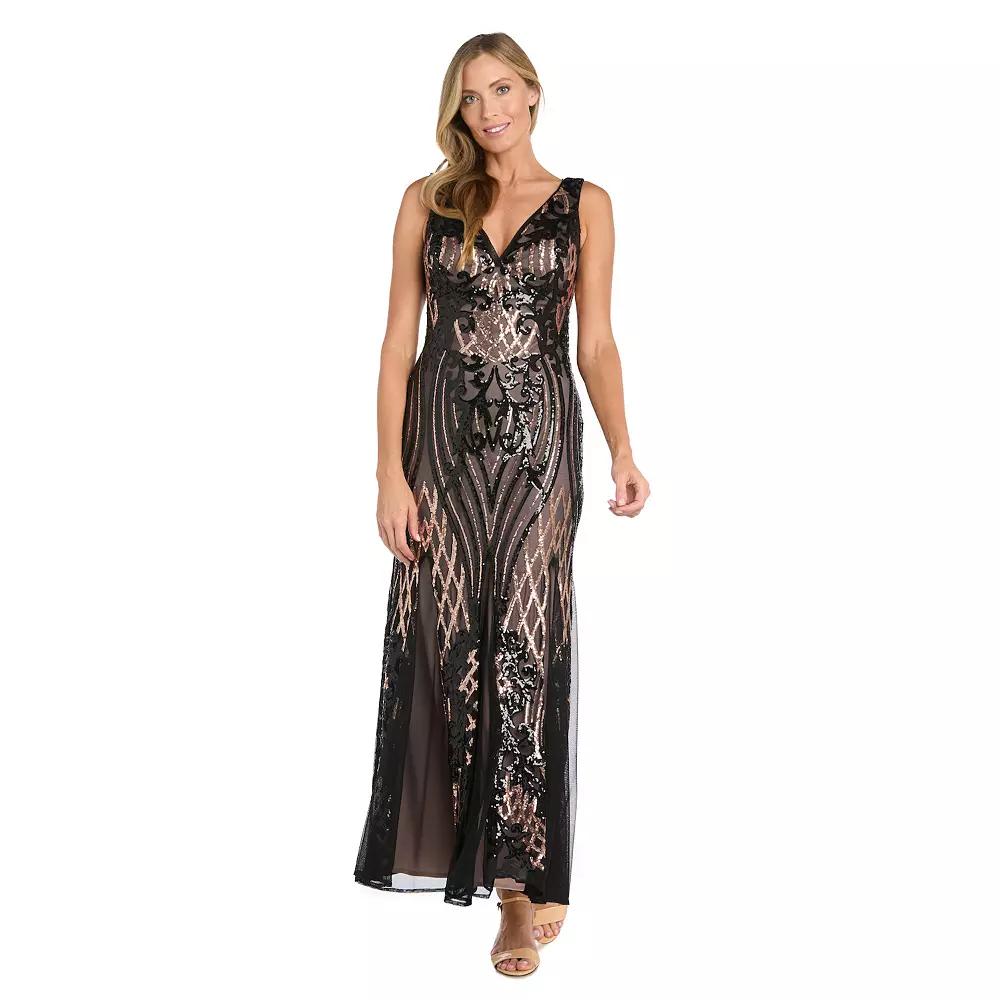 Women's R&M Richards V-Neck Embroidered Sequin Dress, Size: 14, Black Brown Product Image