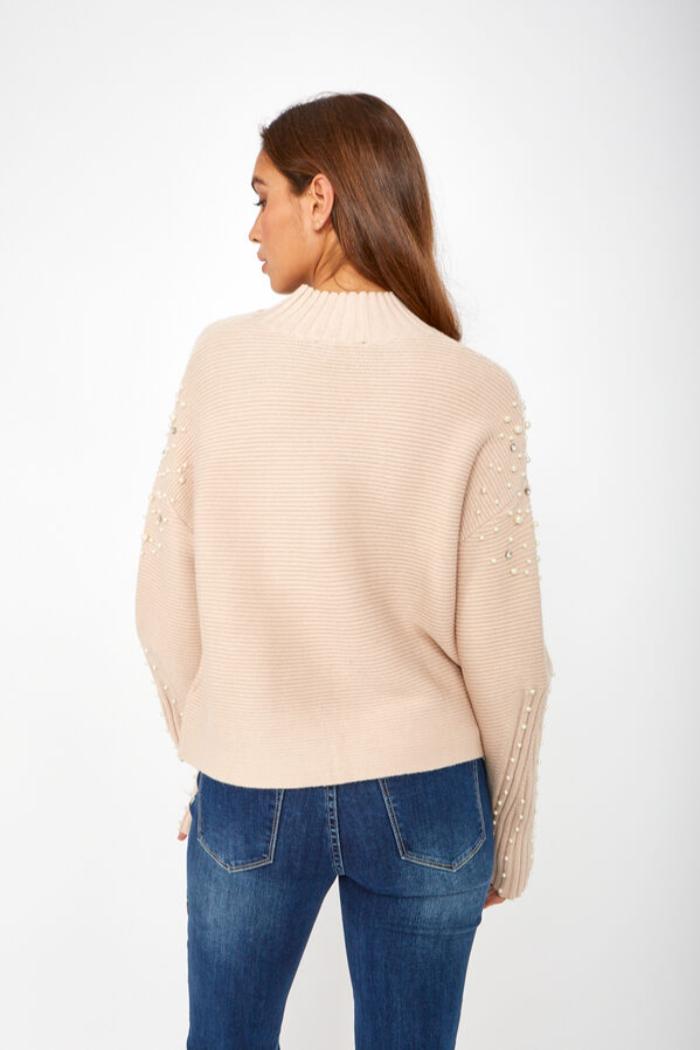 Beige Knit Sweater with Pearl and Crystal Embellishment Product Image