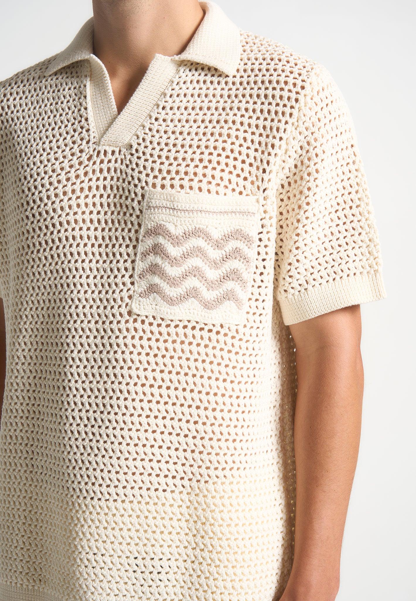 Crochet Knit Polo Shirt  - Cream Male Product Image
