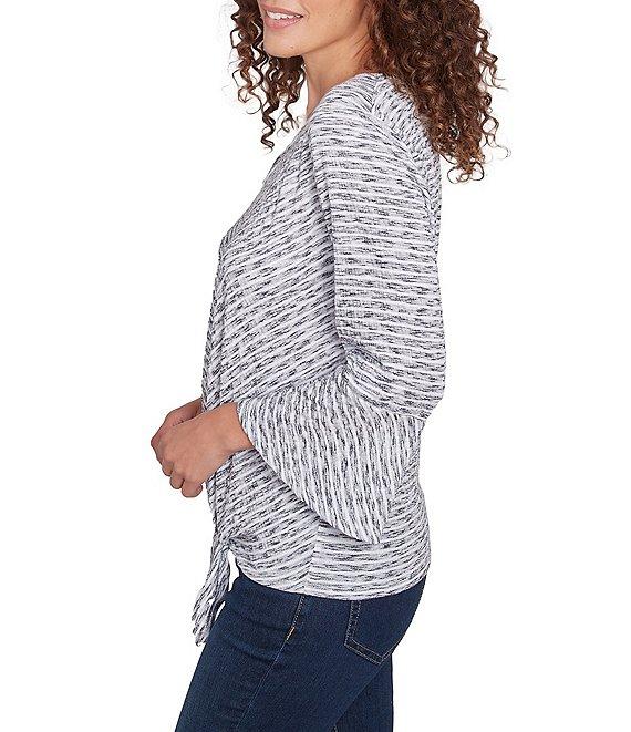 Ruby Rd. Puckered Knit Stripe V-Neck 3/4 Sleeve Tie-Front Top Product Image