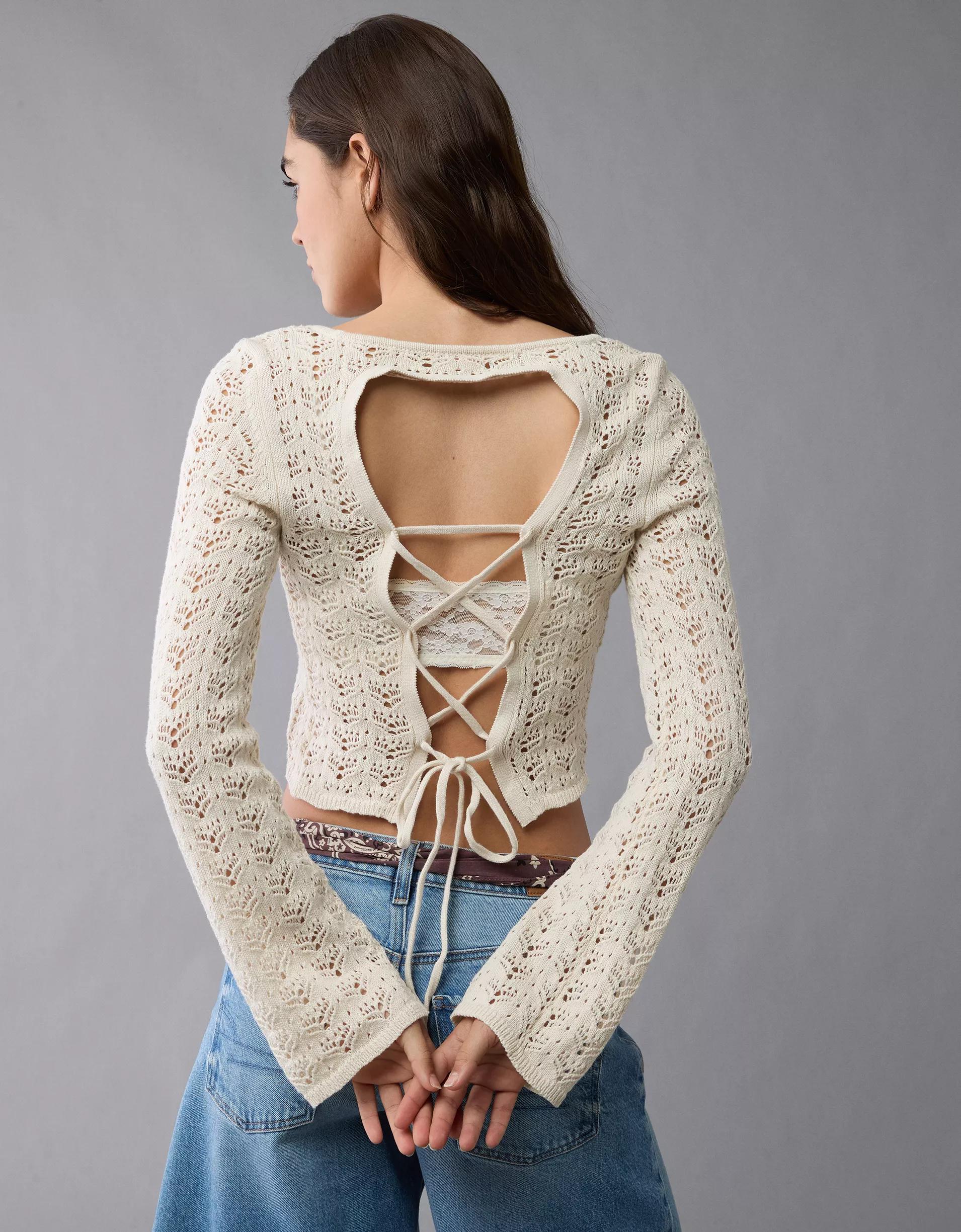 AE Lace-Up Back Crochet Sweater Product Image