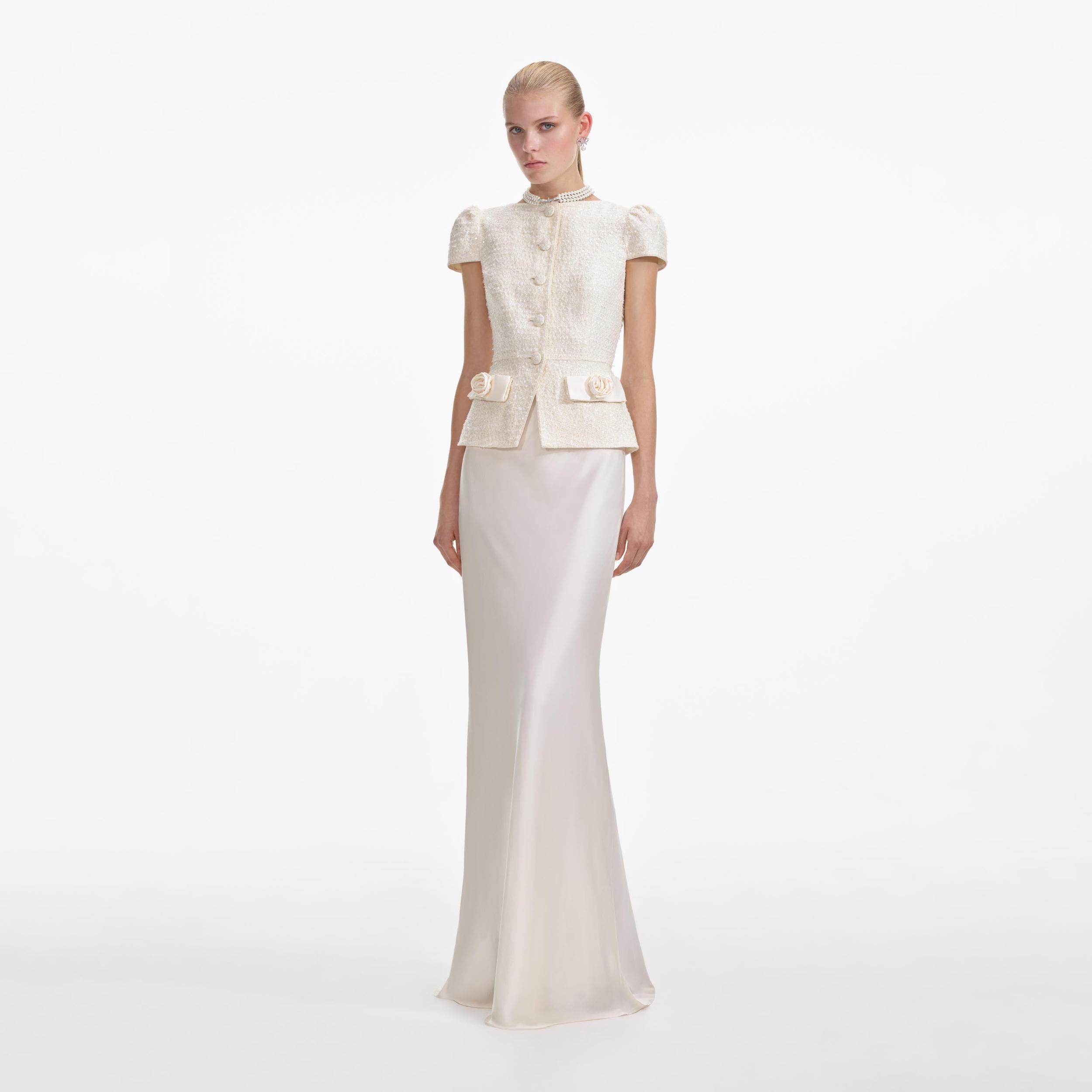 Cream Boucle Bow Detail Maxi Dress Product Image