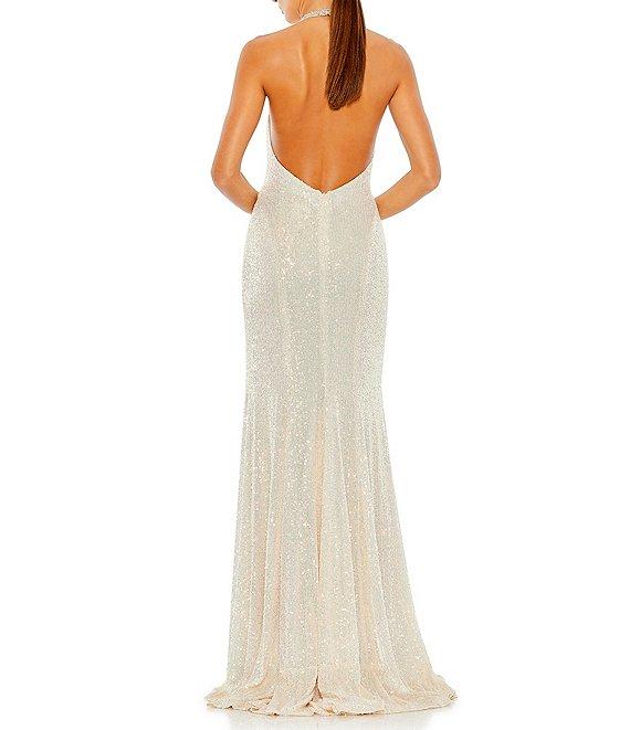 Mac Duggal Sequined Halter Neck Sleeveless Open Back Detail Thigh High Slit Gown Product Image