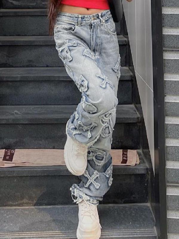 Letter Patch Faded Boyfriend Jeans Product Image