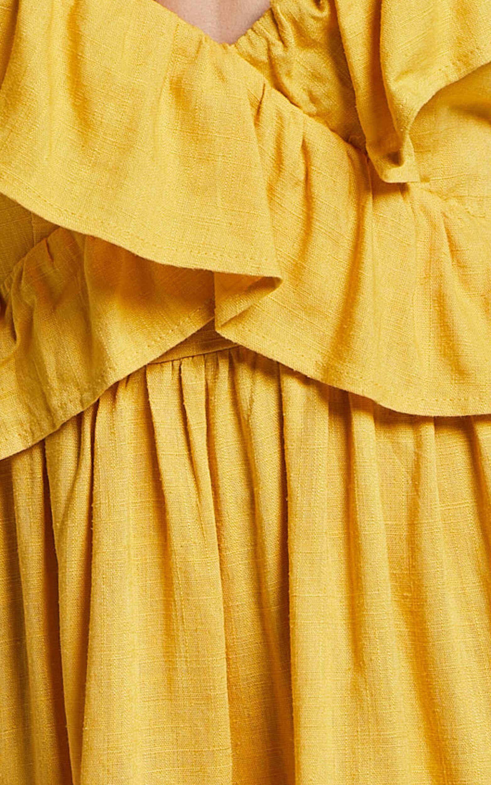 Amalie The Label - Hescia Linen Blend Frill Detail Low Back Mini Dress in Warm Yellow Gold Product Image