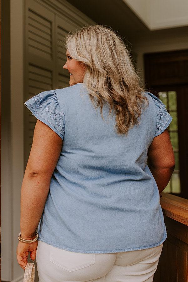 Farmers Market Cutie Embroidered Chambray Top in Light Wash Curves Product Image
