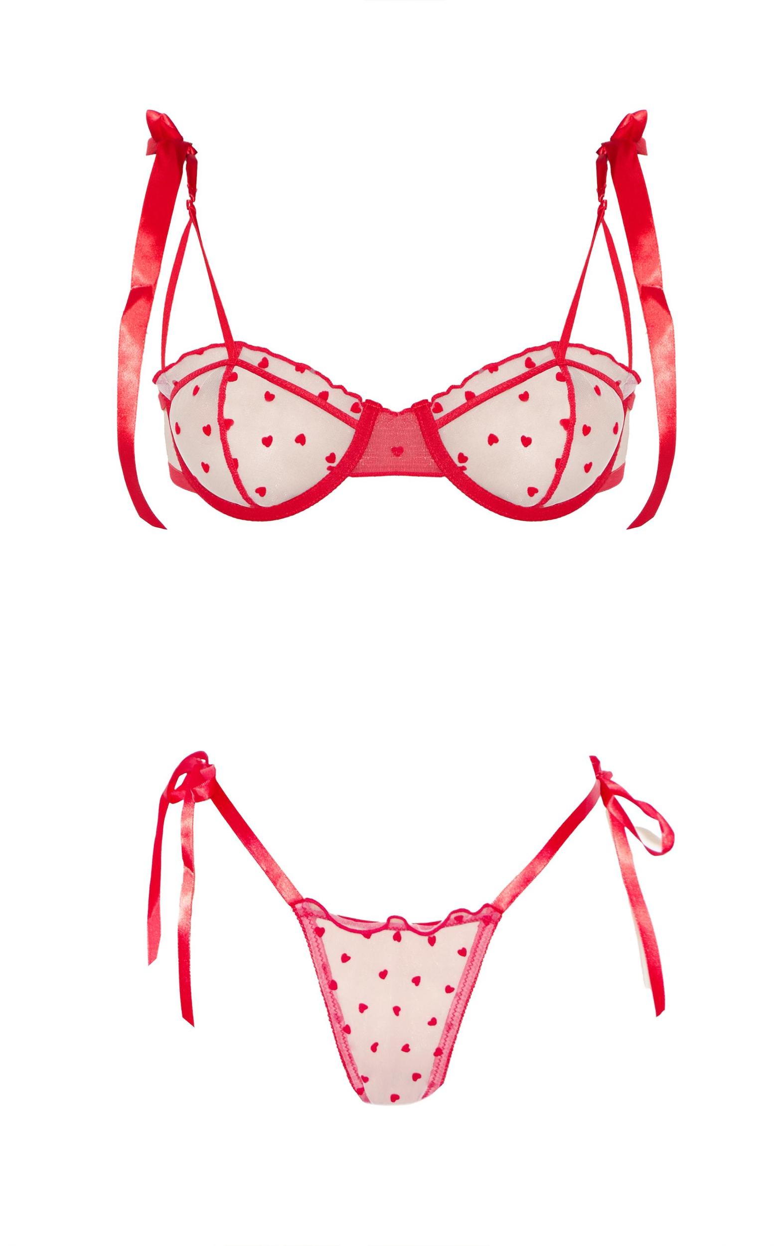 Red Mesh Flock Heart Underwired Lingerie Set Product Image