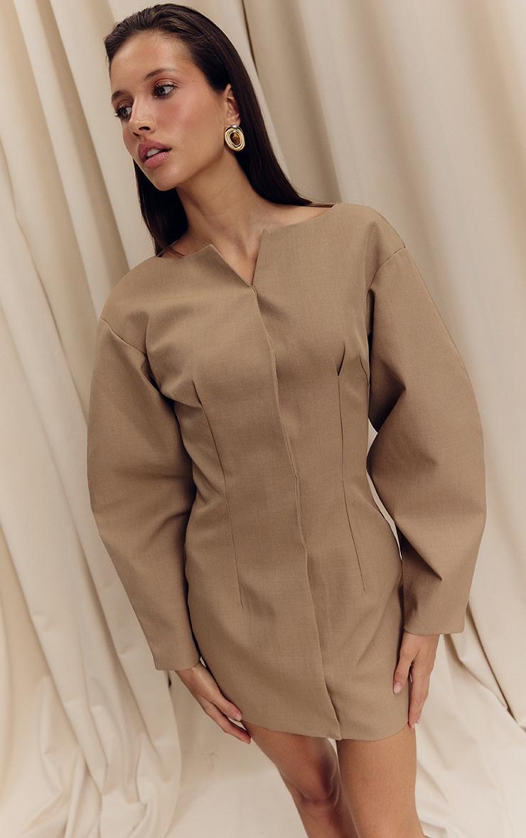 Camel Cocoon Sleeve Cinched Waist Blazer Dress Product Image