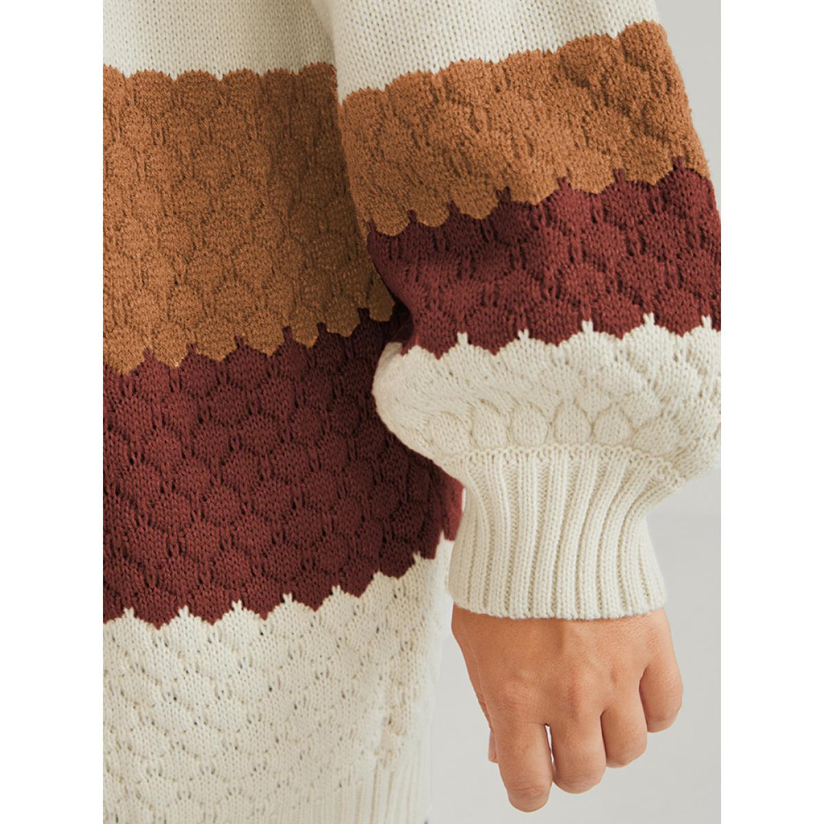 Plus Size Striped Colorblock Contrast Pointelle Knit Jacquard Open Front Cardigan Multicolor Women Casual Loose Long Sleeve Dailywear Cardigans BloomChic 30/6X Product Image