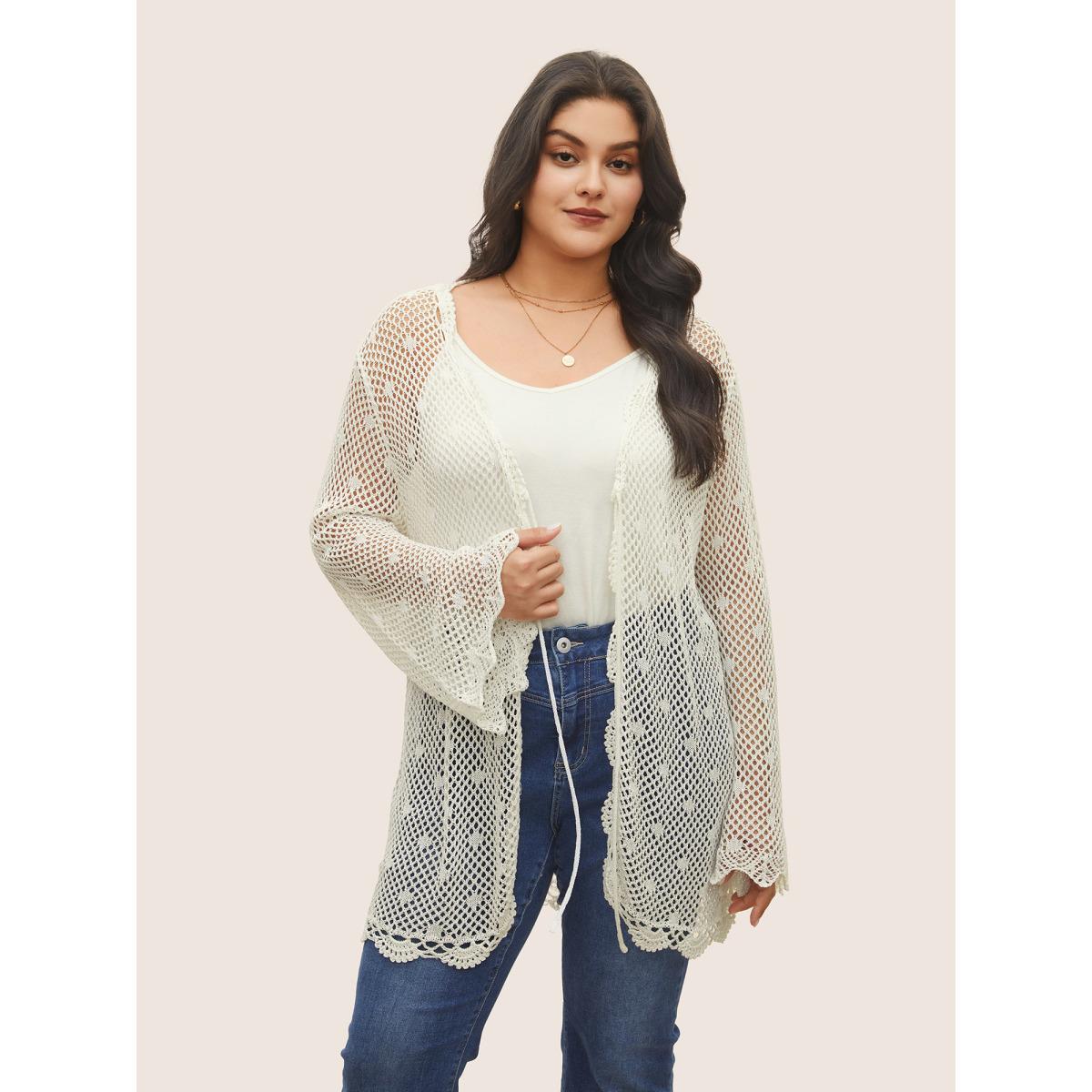 Plus Size Pointelle Knit Ties Lace Panel Bell Sleeve Cardigan Ivory Women Everyday Casual Cover Ups Bloomchic 28/5X Product Image