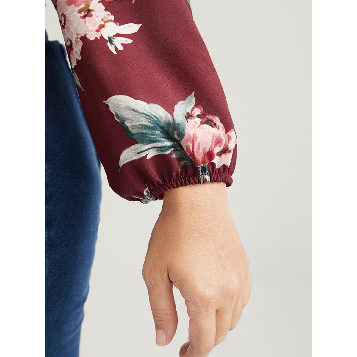Plus Size Burgundy Floral Lantern Sleeve Zipper V Neck Blouse Women Elegant Long Sleeve V-neck Dailywear Blouses BloomChic 18-20/2X Product Image