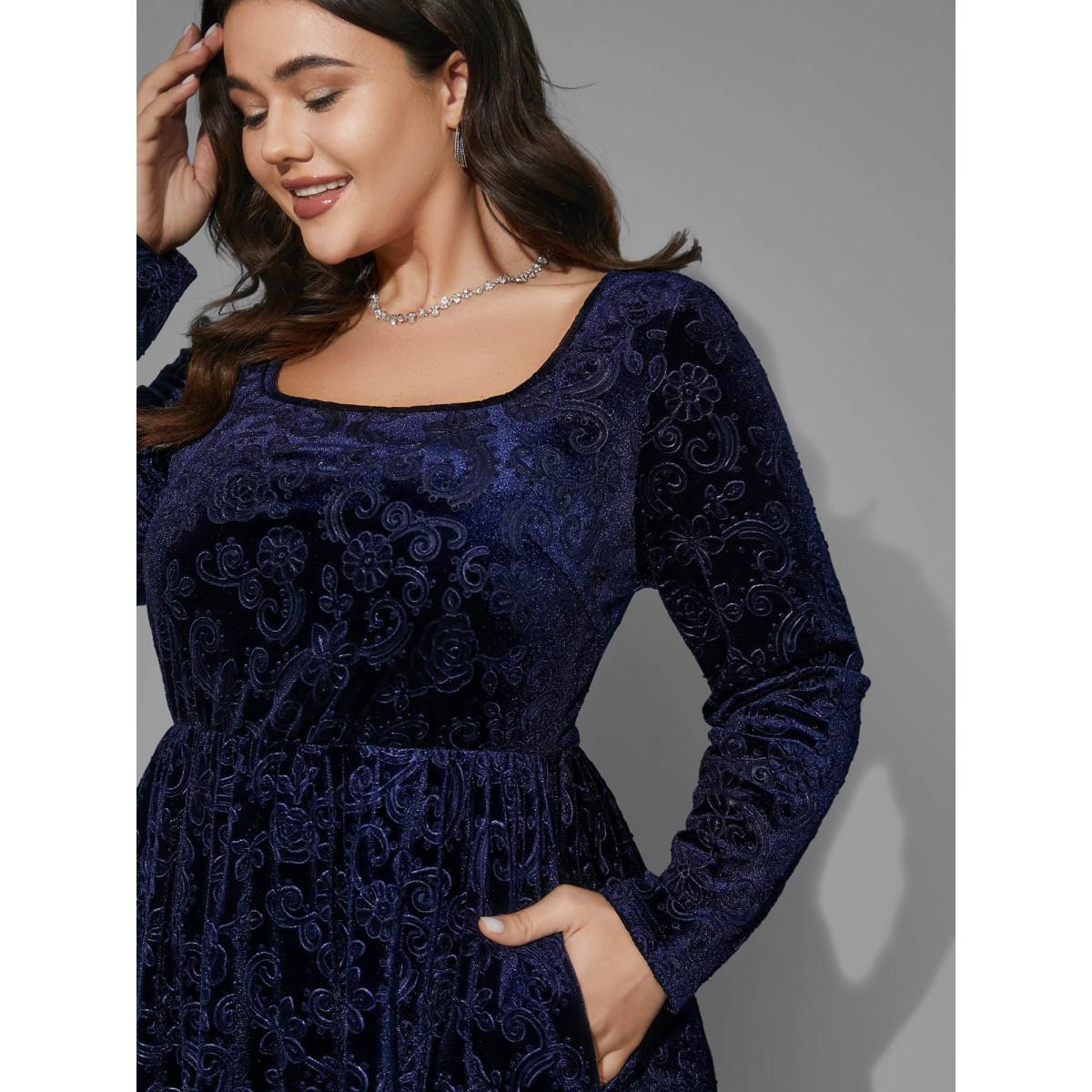 Plus Size Square Neck Floral Velvet Midi Dress DarkBlue Women Cocktail Party Curvy Bloomchic 28/5X Product Image