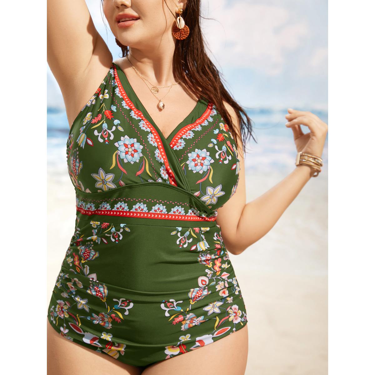 Plus Size Boho Print Surplice Neck Ruched One Piece Swimsuit Women's Swimwear ArmyGreen Beach Gathered Curve Bathing Suits High stretch One Pieces BloomChic 30/6X Product Image