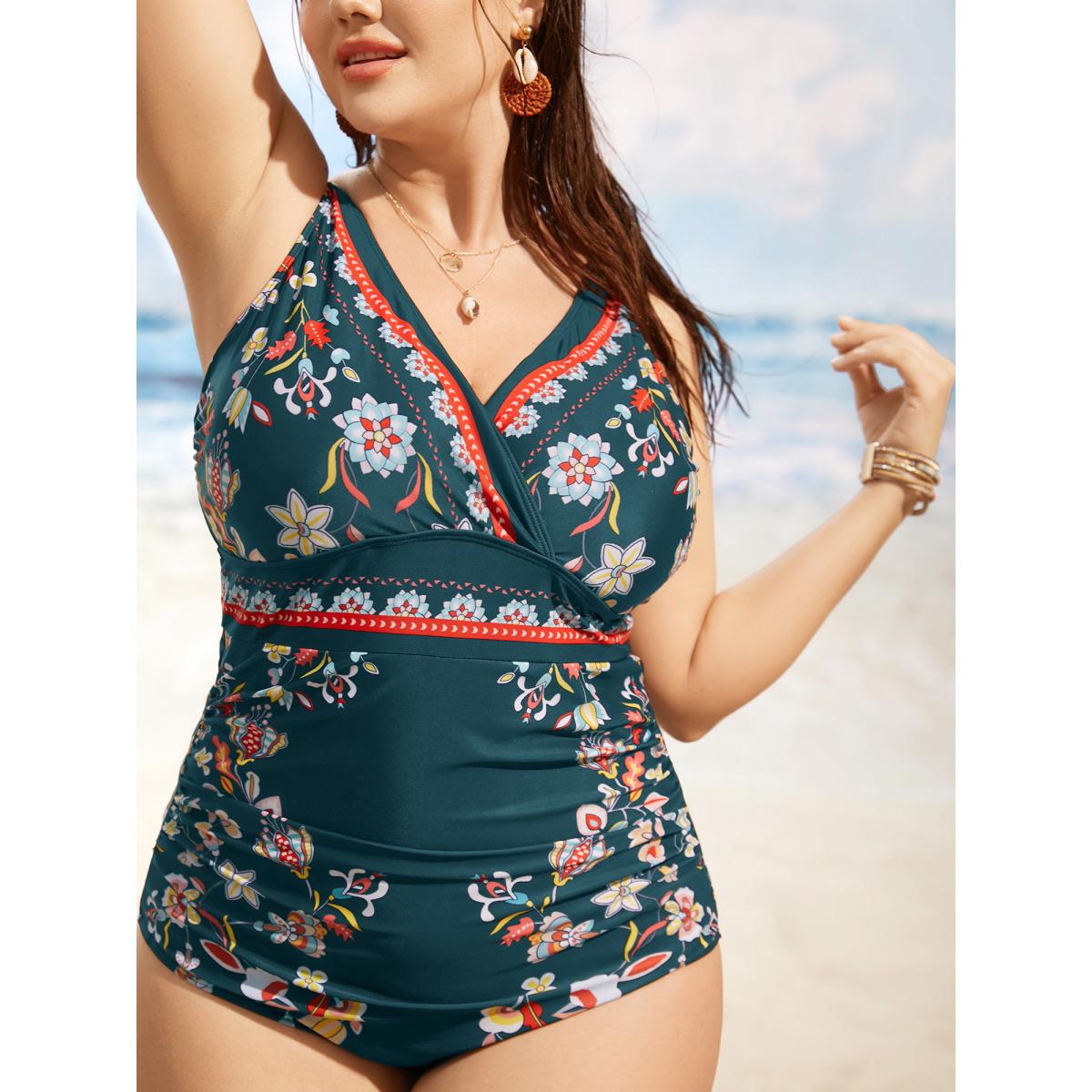 Plus Size Boho Print Surplice Neck Ruched One Piece Swimsuit Women's Swimwear Cyan Beach Gathered Curve Bathing Suits High stretch One Pieces BloomChic 28/5X Product Image
