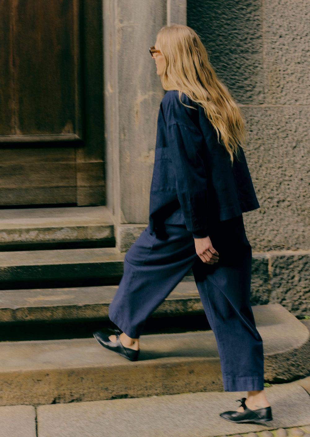 Cotton Canvas Pleat Front Pants | Blue Navy Product Image