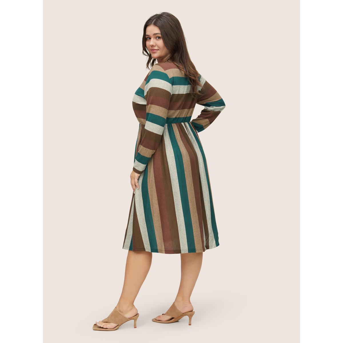 Plus Size Contrast Striped Pocket V Neck Dress Multicolor Women Casual Non V-neck Long Sleeve Curvy Knee Dress BloomChic 14-16/1X Product Image