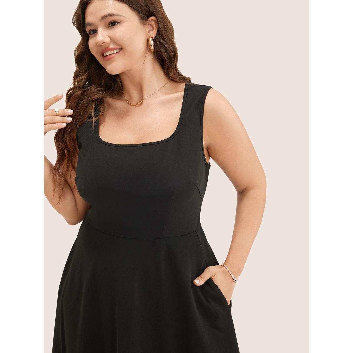 Plus Size Solid Pocket Sleeveless Ruffle Hem Tank Dress Black Women Workwear Essentials Non Round Neck Sleeveless Curvy Midi Dress BloomChic 10/M Product Image
