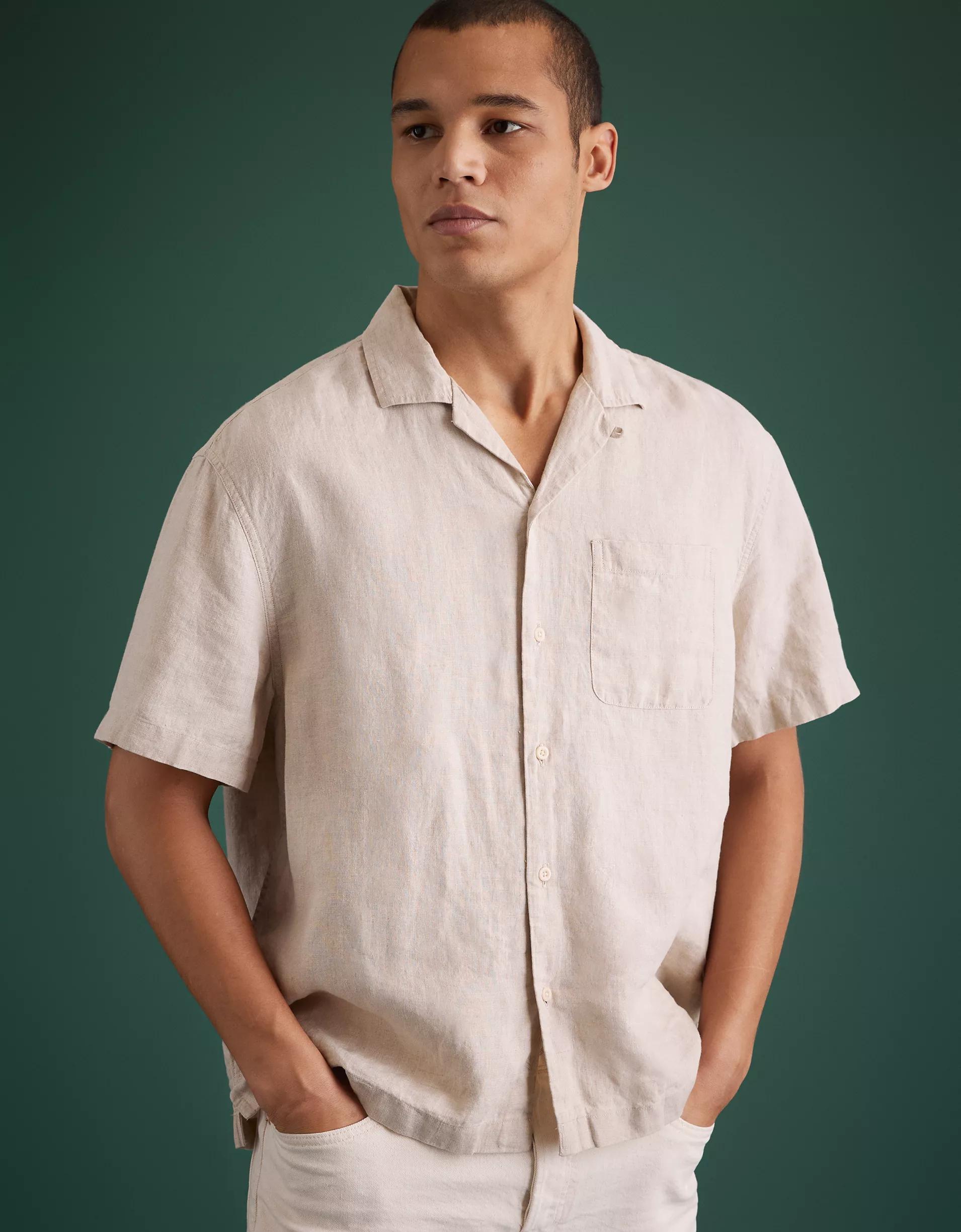 AE77 Premium Linen Camp Collar Button-Up Shirt Product Image